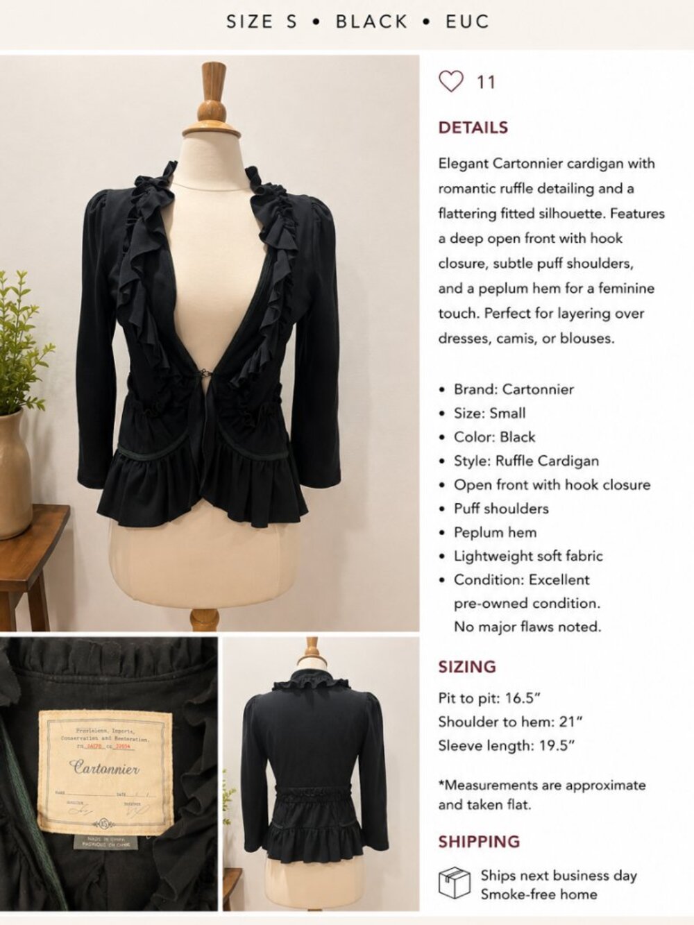 Cartonnier Anthropologie Black Ruffle Cardigan Size Small Romantic Peplum EUC